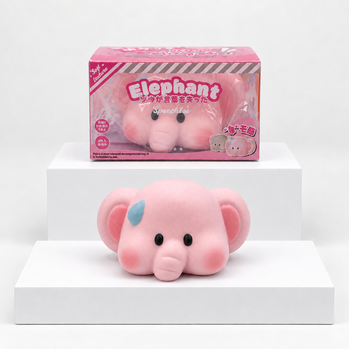 Dudo pink elephant squishy shown in front of its pink box