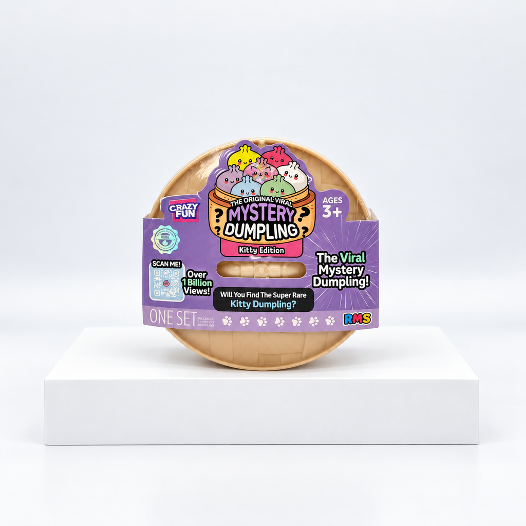 Round tan Crazy Fun Mystery Dumpling container with purple front label