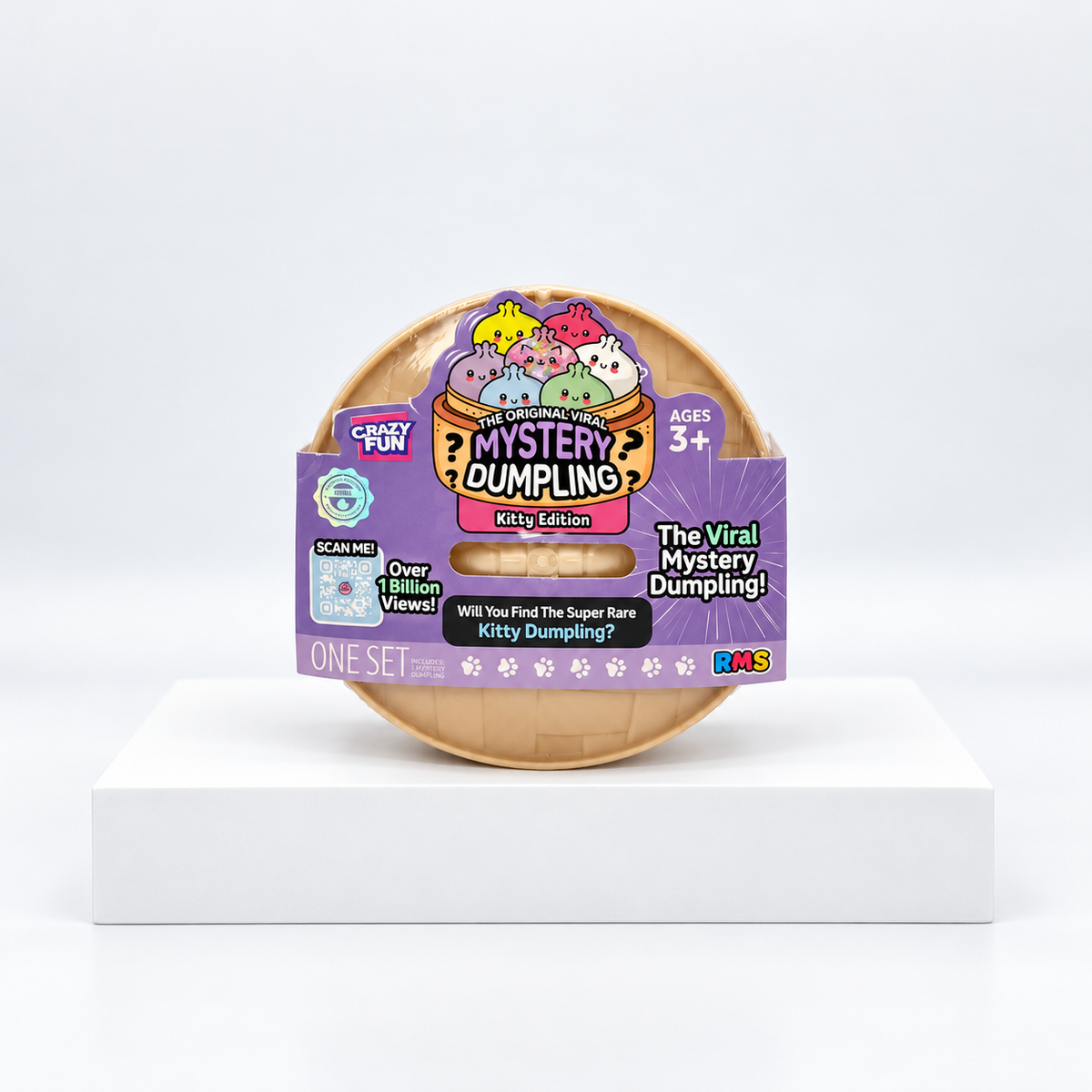 Round tan Crazy Fun Mystery Dumpling container with purple front label