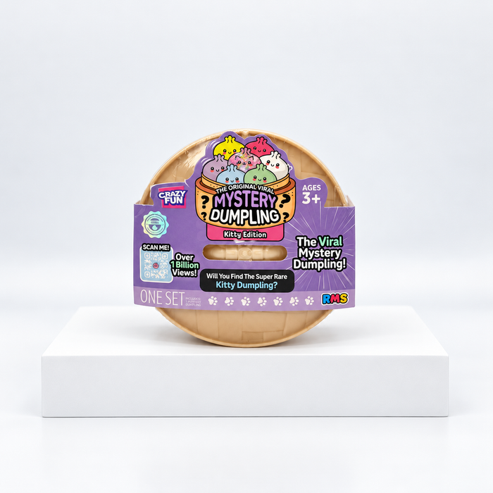 Round tan Crazy Fun Mystery Dumpling container with purple front label