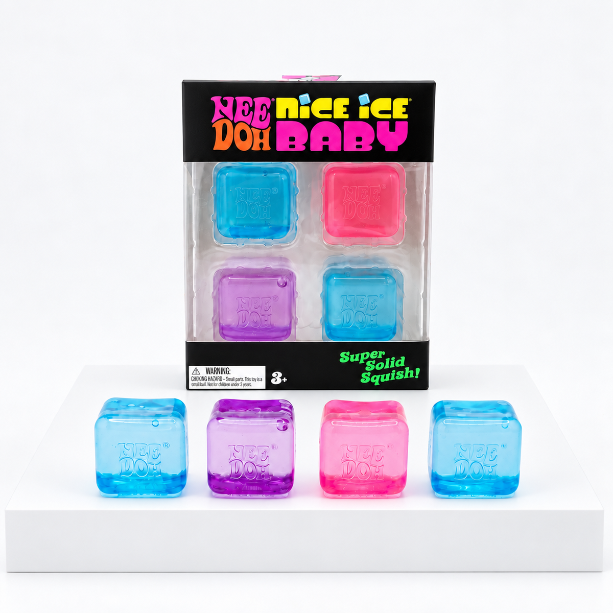 Four small blue, purple and pink NeeDoh Nice Ice Baby cubes in front of their box
