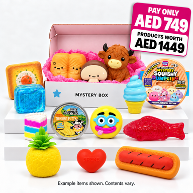 Squish Planet AED 749 Mystery Box with example food and character squishies; contents vary