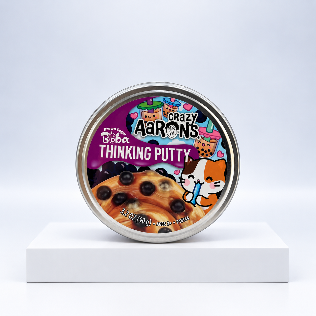 Crazy Aaron's Brown Sugar Boba Thinking Putty tin, front label close-up