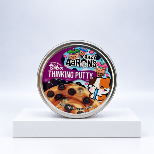 Crazy Aaron's Brown Sugar Boba Thinking Putty tin, front label close-up
