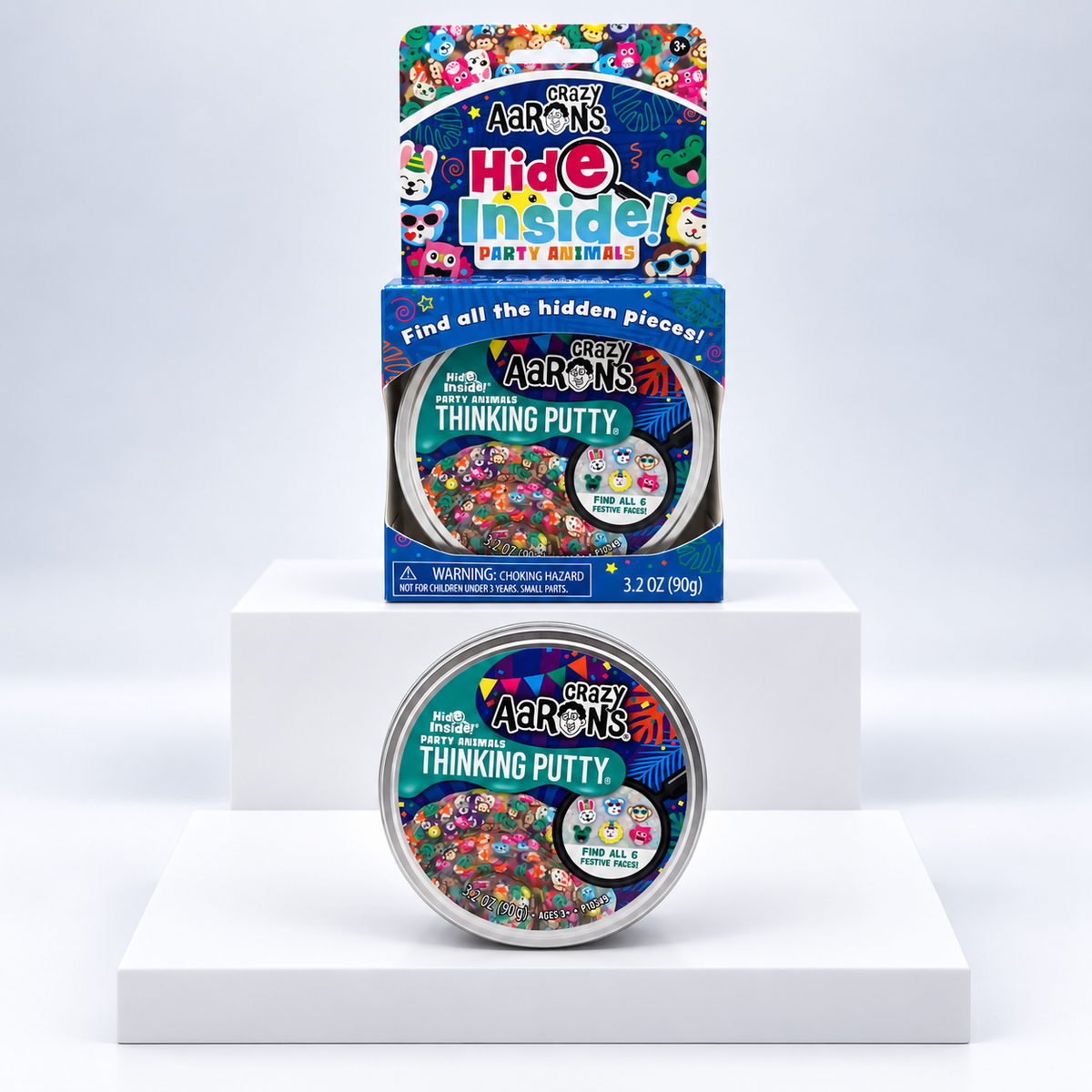 Crazy Aaron's Hide Inside Party Animals Thinking Putty tin and blue display box, front view