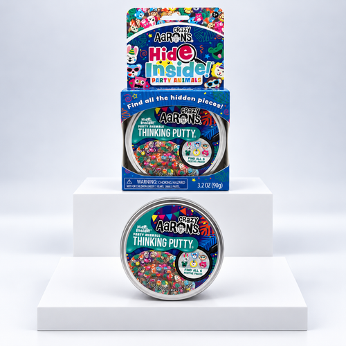 Crazy Aaron's Hide Inside Party Animals Thinking Putty tin and blue display box, front view