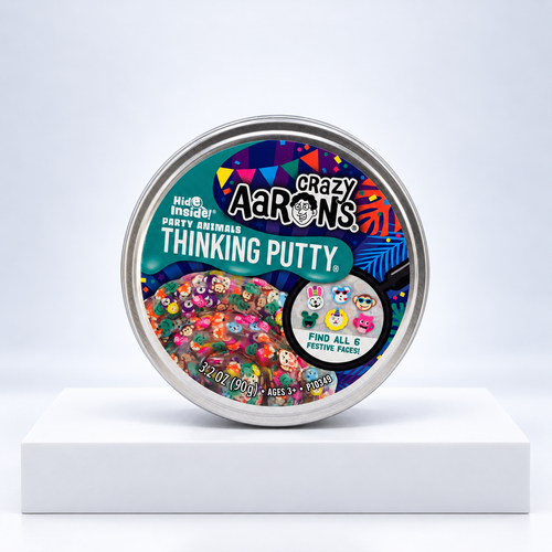 Crazy Aaron's Hide Inside Party Animals Thinking Putty tin, front label close-up
