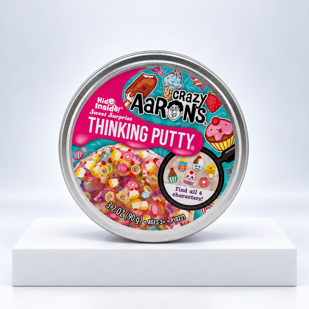 Crazy Aaron's Hide Inside Sweet Surprise Thinking Putty tin, front label close-up