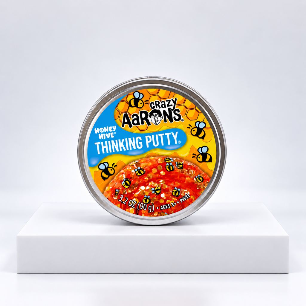 Crazy Aaron's Honey Hive Thinking Putty tin, front label close-up
