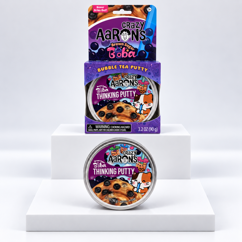 Crazy Aaron's Brown Sugar Boba Thinking Putty tin and purple display box, front view