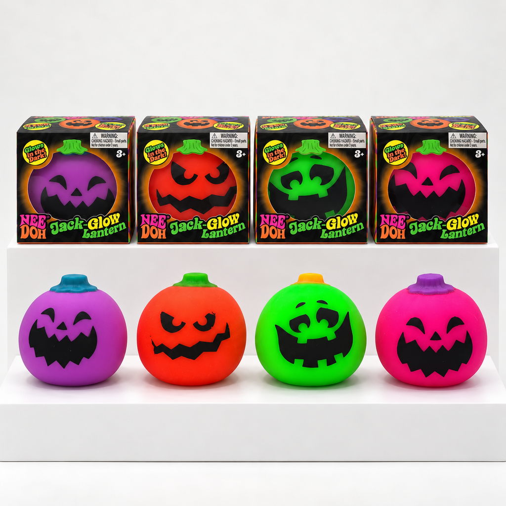 NeeDoh Jack-Glow-Lantern boxes with purple, orange, green and pink pumpkin squishies