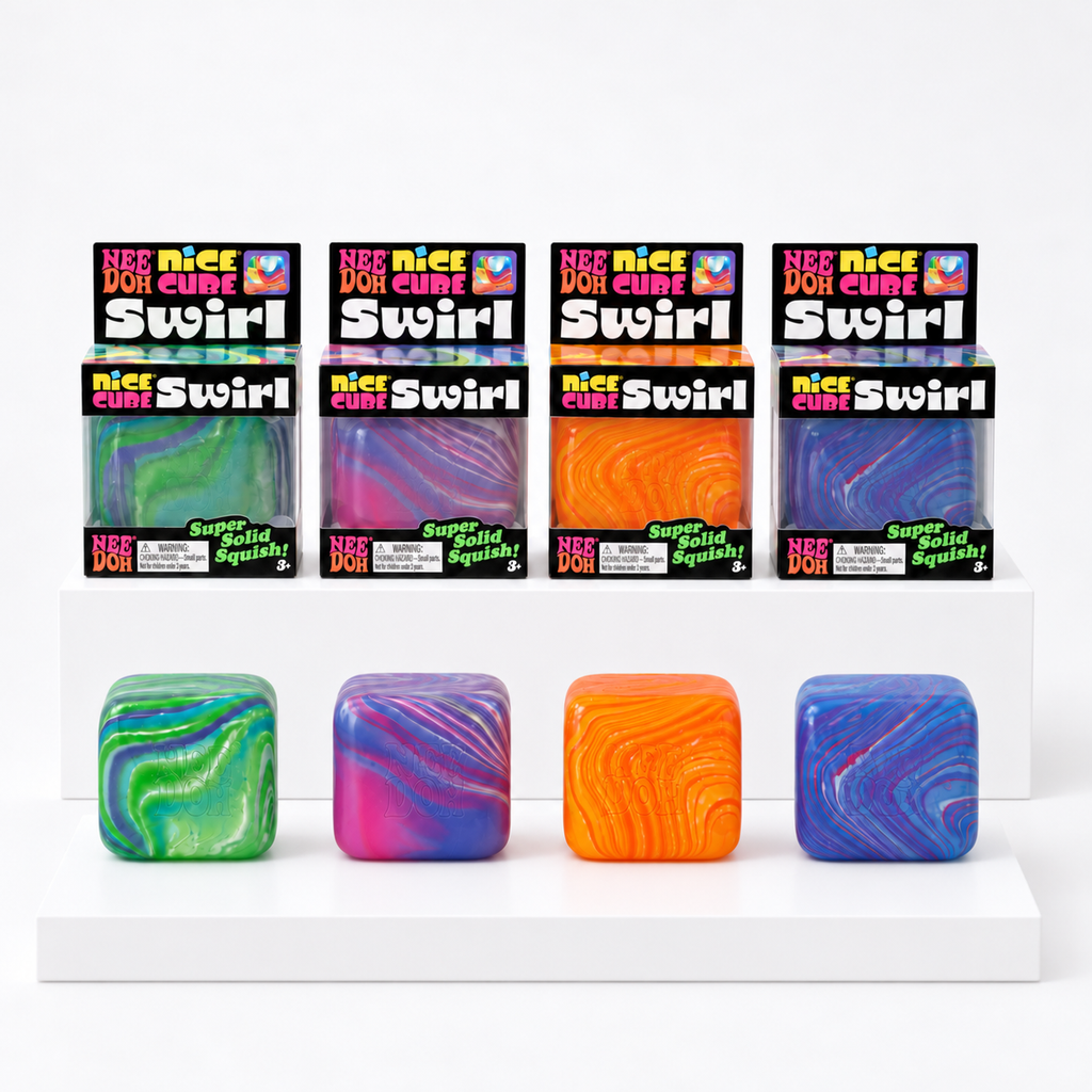 Four marbled NeeDoh Nice Cubes in green, purple, orange and blue beneath display boxes