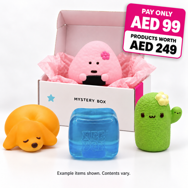 Squish Planet AED 99 Mystery Box with example squishy toys; contents vary