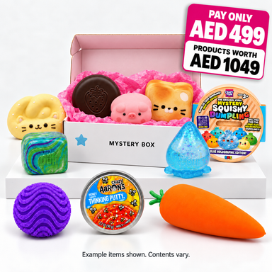 Squish Planet AED 499 Mystery Box with example squishy toys and sensory putty; contents vary