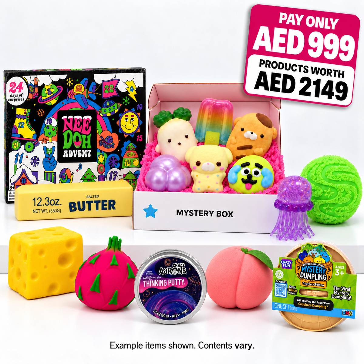 Squish Planet AED 999 Mystery Box with example squishies, putty and an advent calendar; contents vary