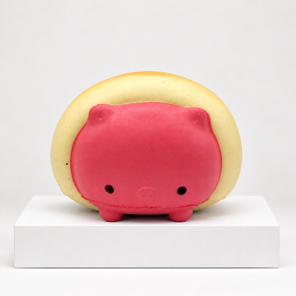 Pink cat face on yellow bread-shaped squishy, front view