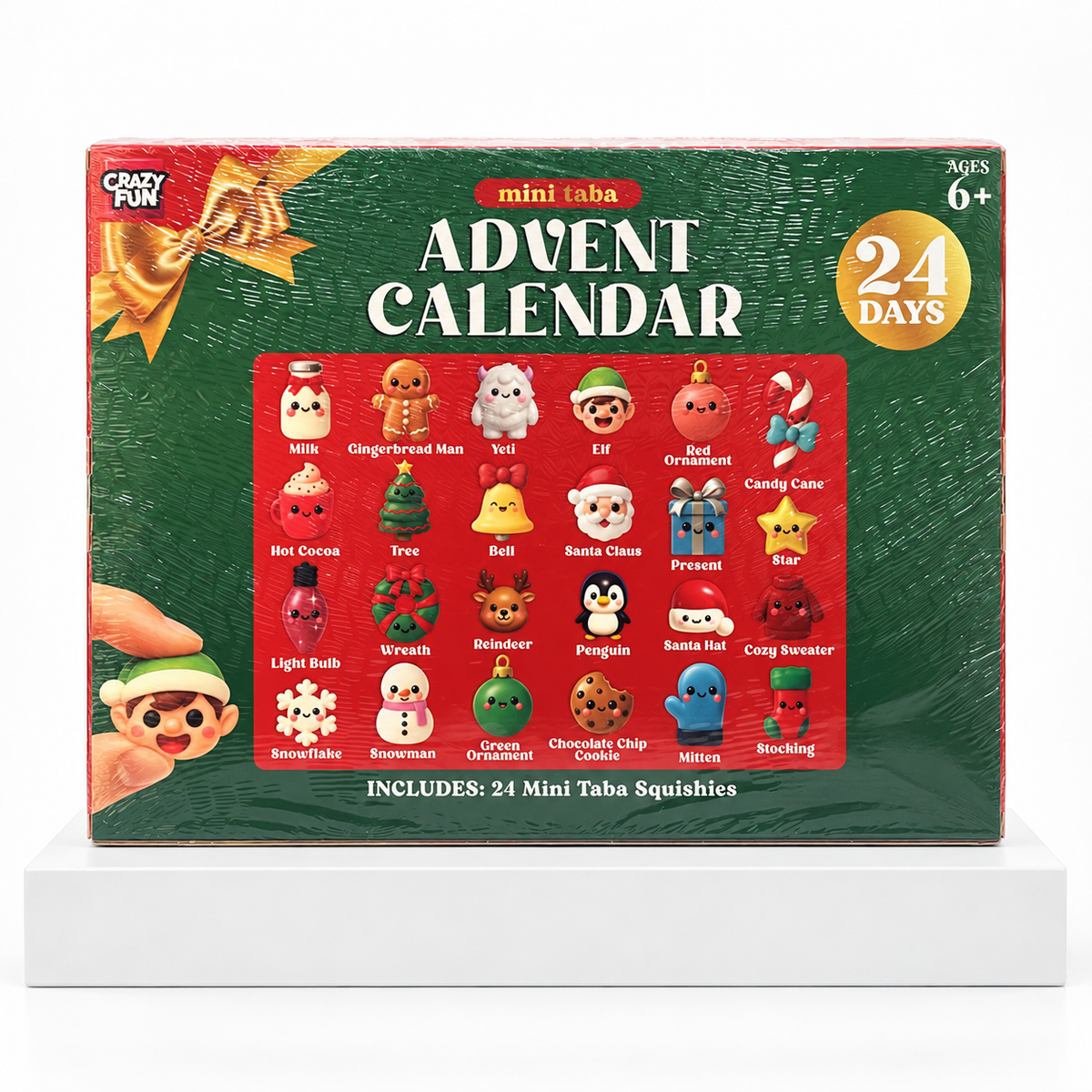 Back of Crazy Fun Mini Taba advent calendar box showing illustrated contents