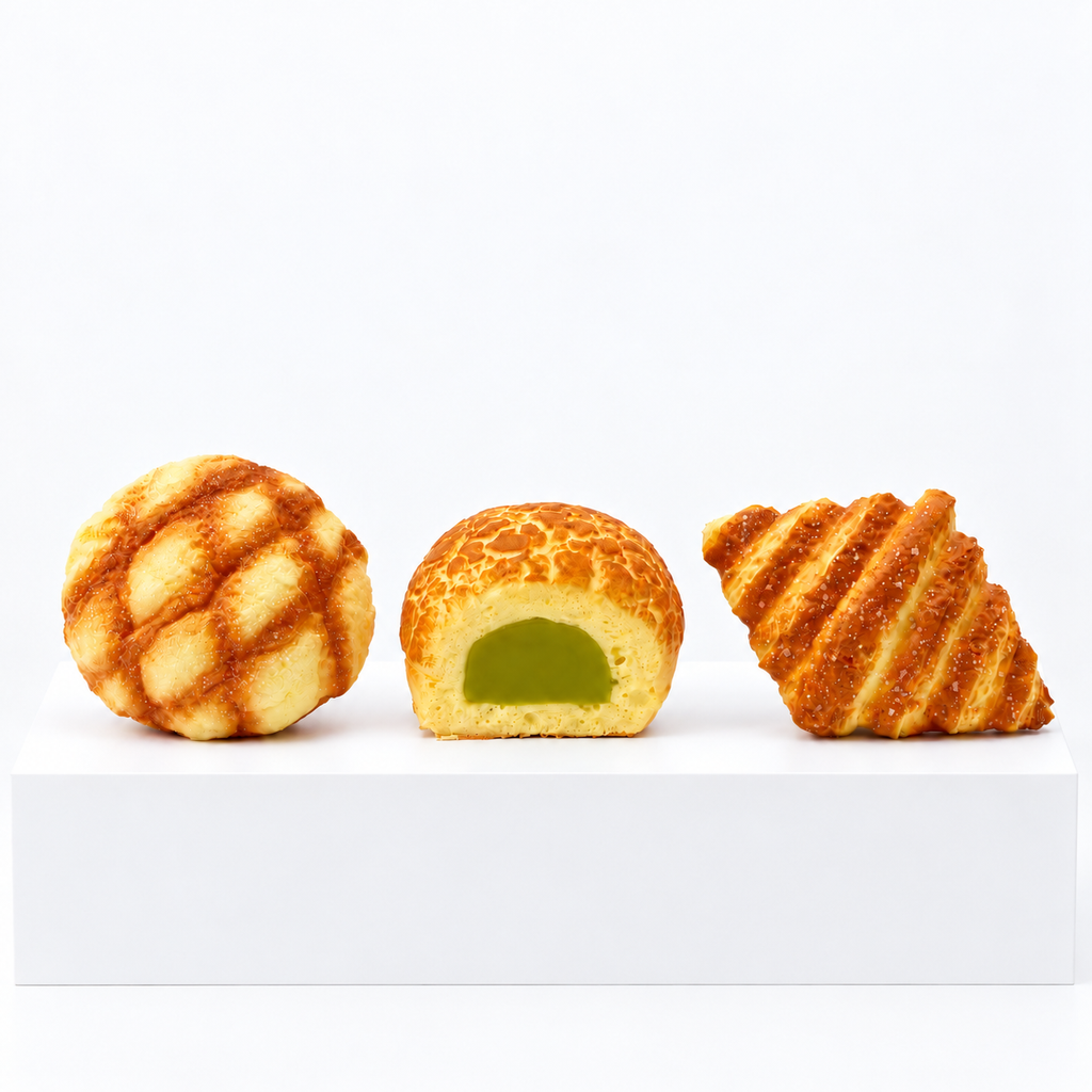 Three bread-shaped squishies: round roll, cut-open roll and ridged pastry
