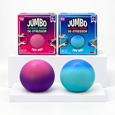 Purple-pink and blue-green Crazy Fun jumbo squishy balls with their boxes