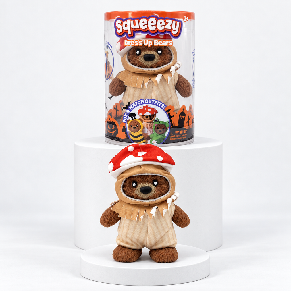 Squeeezy brown bear in red mushroom hat beneath its package