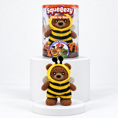 Squeeezy brown bear in yellow-and-black bee outfit beneath its package