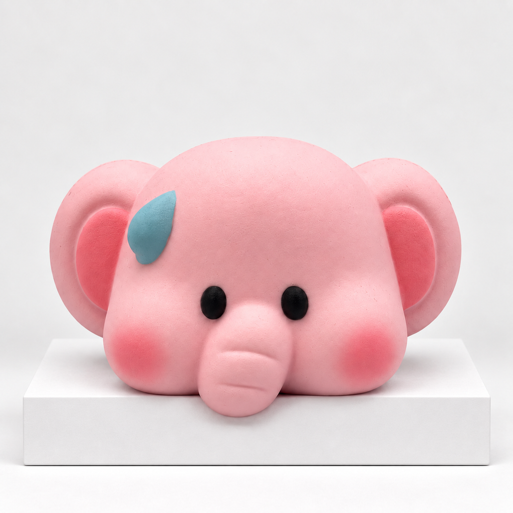 Pink elephant-shaped Dudo squishy toy on a white display