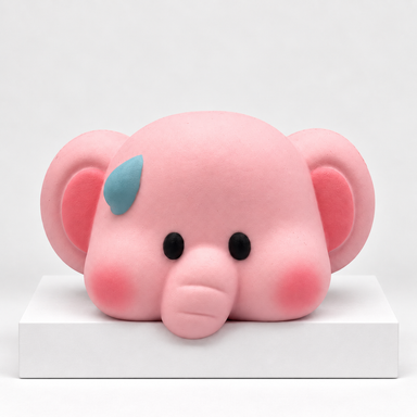 Pink elephant-shaped Dudo squishy toy on a white display
