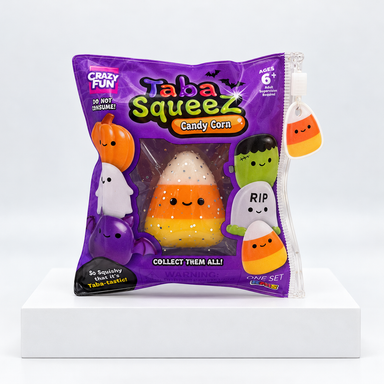 Purple Halloween Taba Squeez bag with orange candy-corn-shaped toy inside
