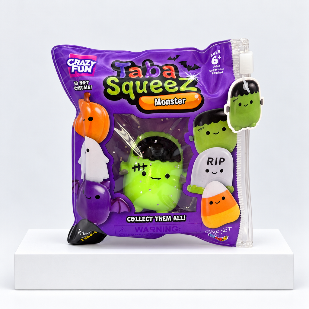 Purple Halloween Taba Squeez bag with green monster-shaped toy inside
