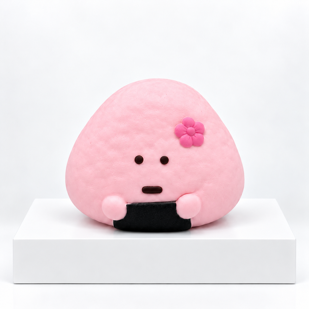 Pink Dudo rice-ball character with flower, unboxed front view