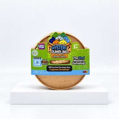 Round tan Crazy Fun Mystery Dumpling capybara-edition container, front label