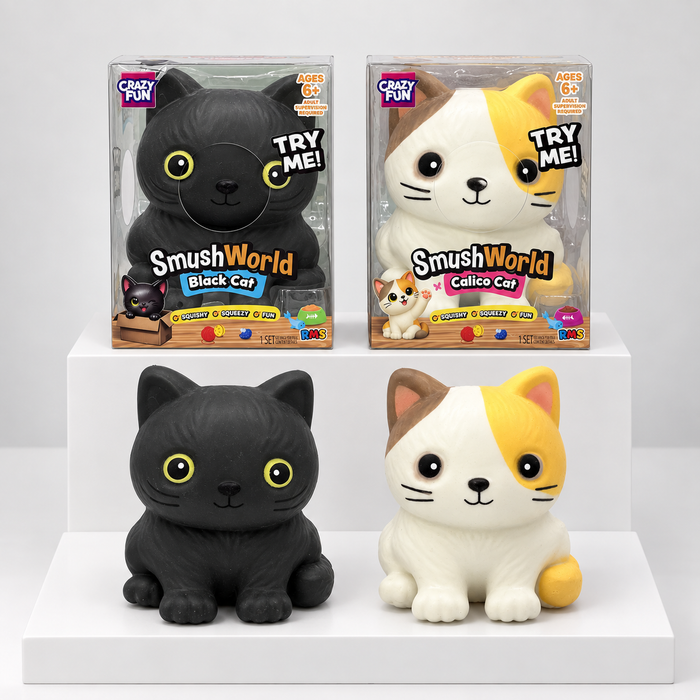 Black and calico Smush World cat squishies with labeled boxes