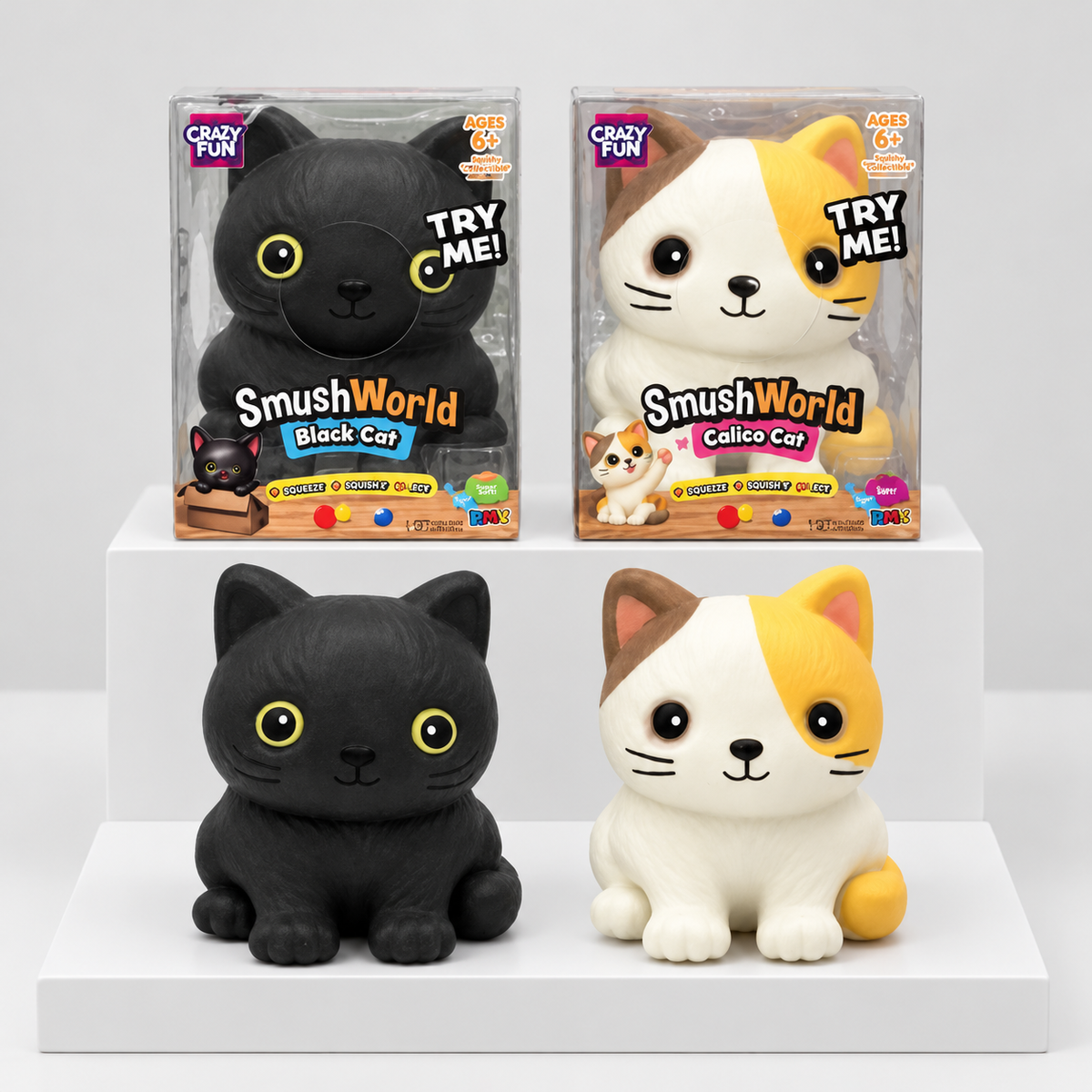 Black and calico Crazy Fun cat squishies pictured beneath their boxes