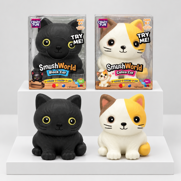 Black and calico Crazy Fun cat squishies pictured beneath their boxes