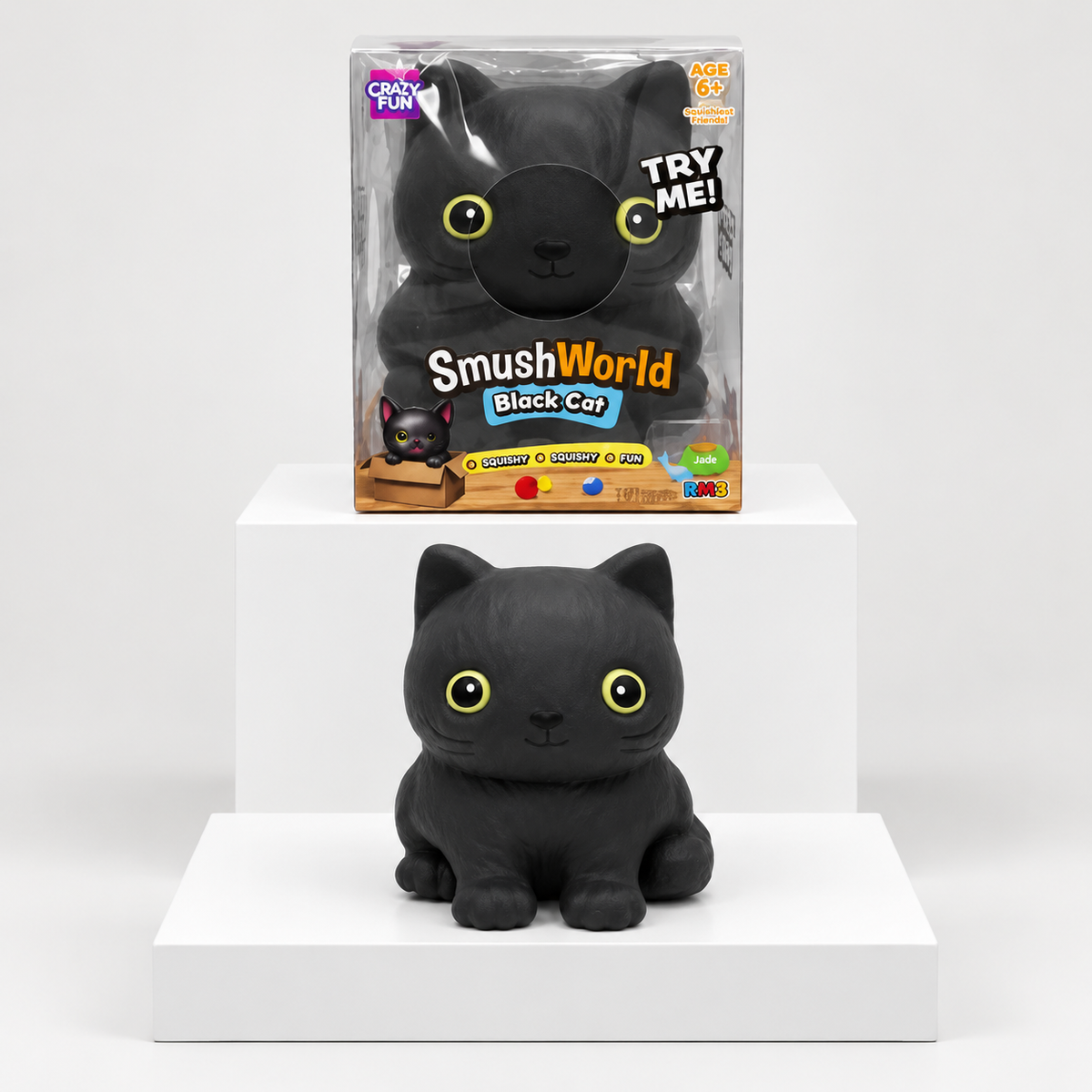 Black Crazy Fun cat squishy pictured beneath its retail box