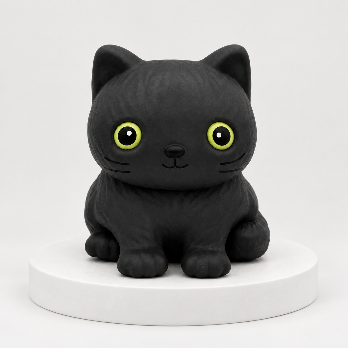 Black cat-shaped squishy with yellow-green eyes, unboxed front view