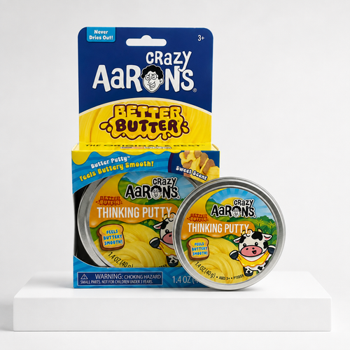 Crazy Aaron's Better Butter Thinking Putty retail package and reusable tin