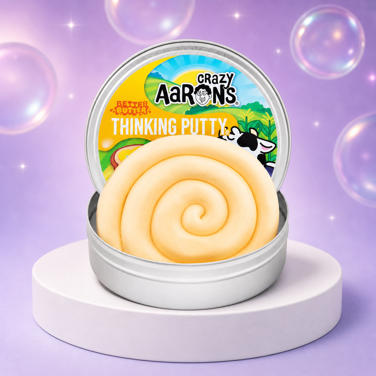 Crazy Aaron's Better Butter Thinking Putty open tin with creamy spiral putty