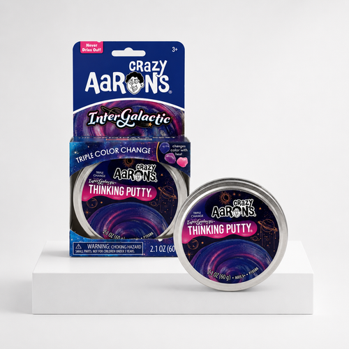 Crazy Aaron's InterGalactic Thinking Putty retail package and 60 g tin.