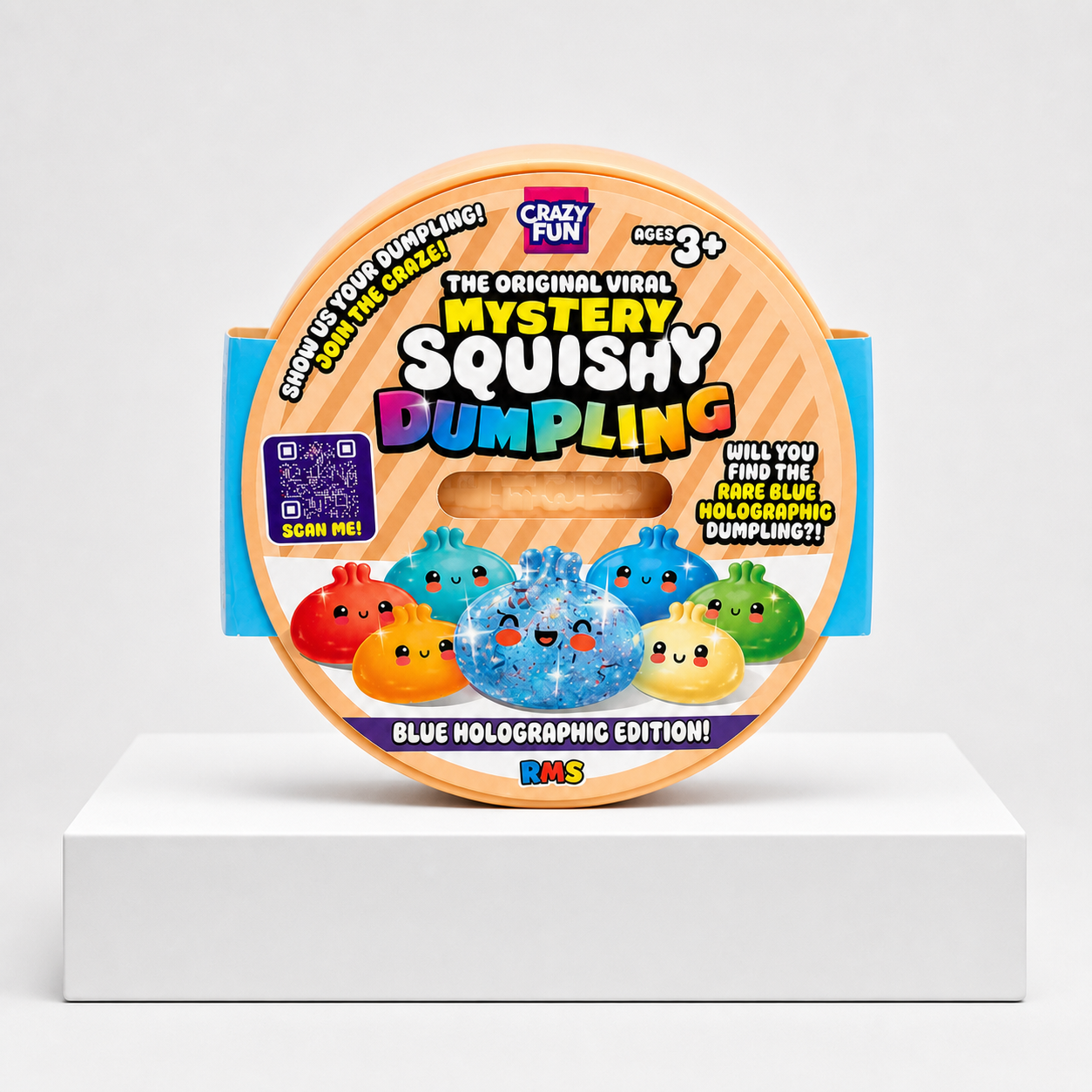 Crazy Fun Mystery Squishy Dumpling Blue Holographic Glitter Chase blind box on a white studio slab