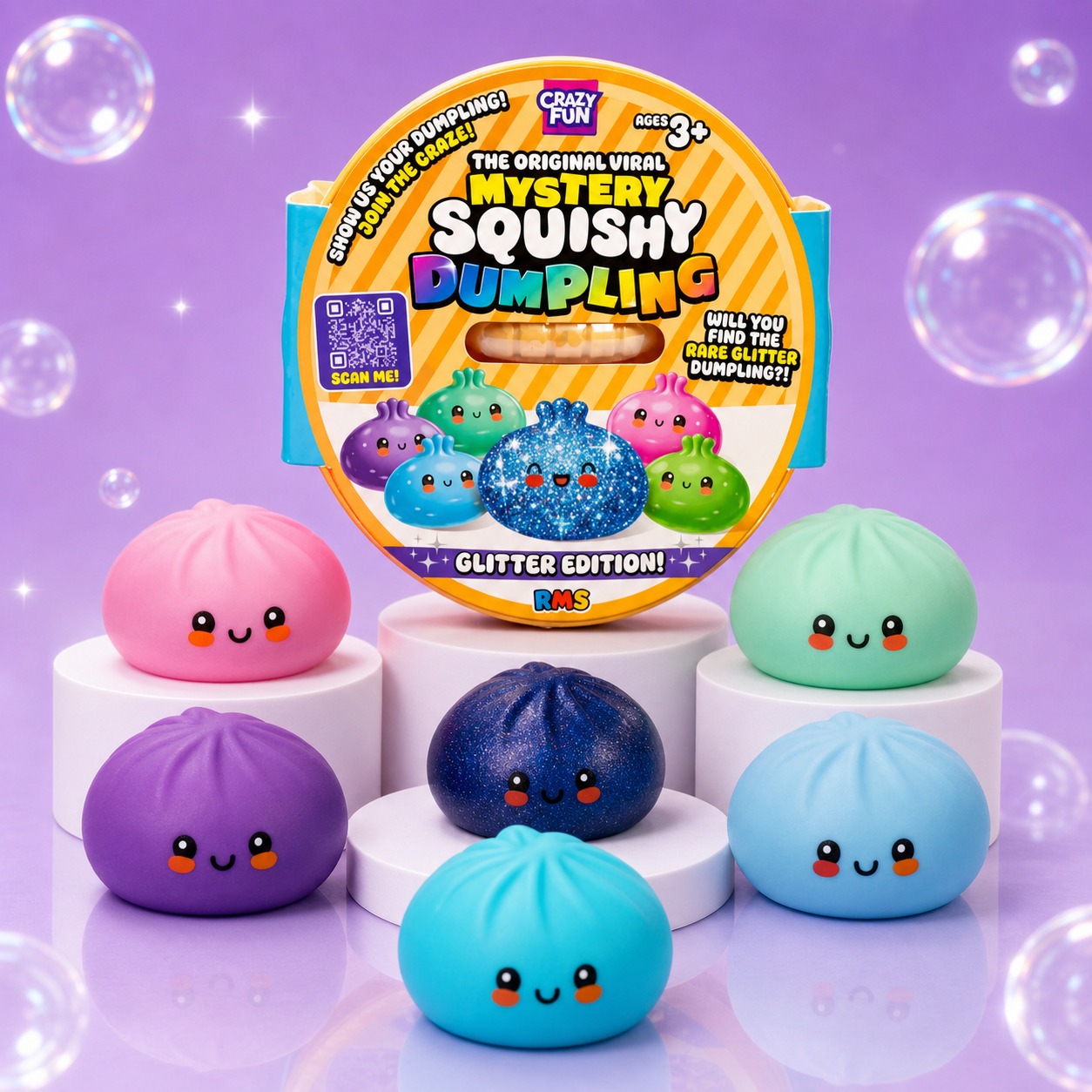 Crazy Fun Galaxy Glitter Mystery Squishy Dumpling blind box with six-color assortment on a Squish Planet purple display.
