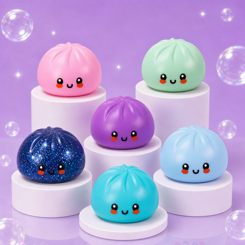 Crazy Fun Galaxy Glitter Mystery Squishy Dumpling six-color assortment on a Squish Planet purple display.