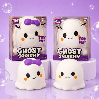 Crazy Fun Ghost Squishy Boy and Girl variants with packaging on a Squish Planet purple display.