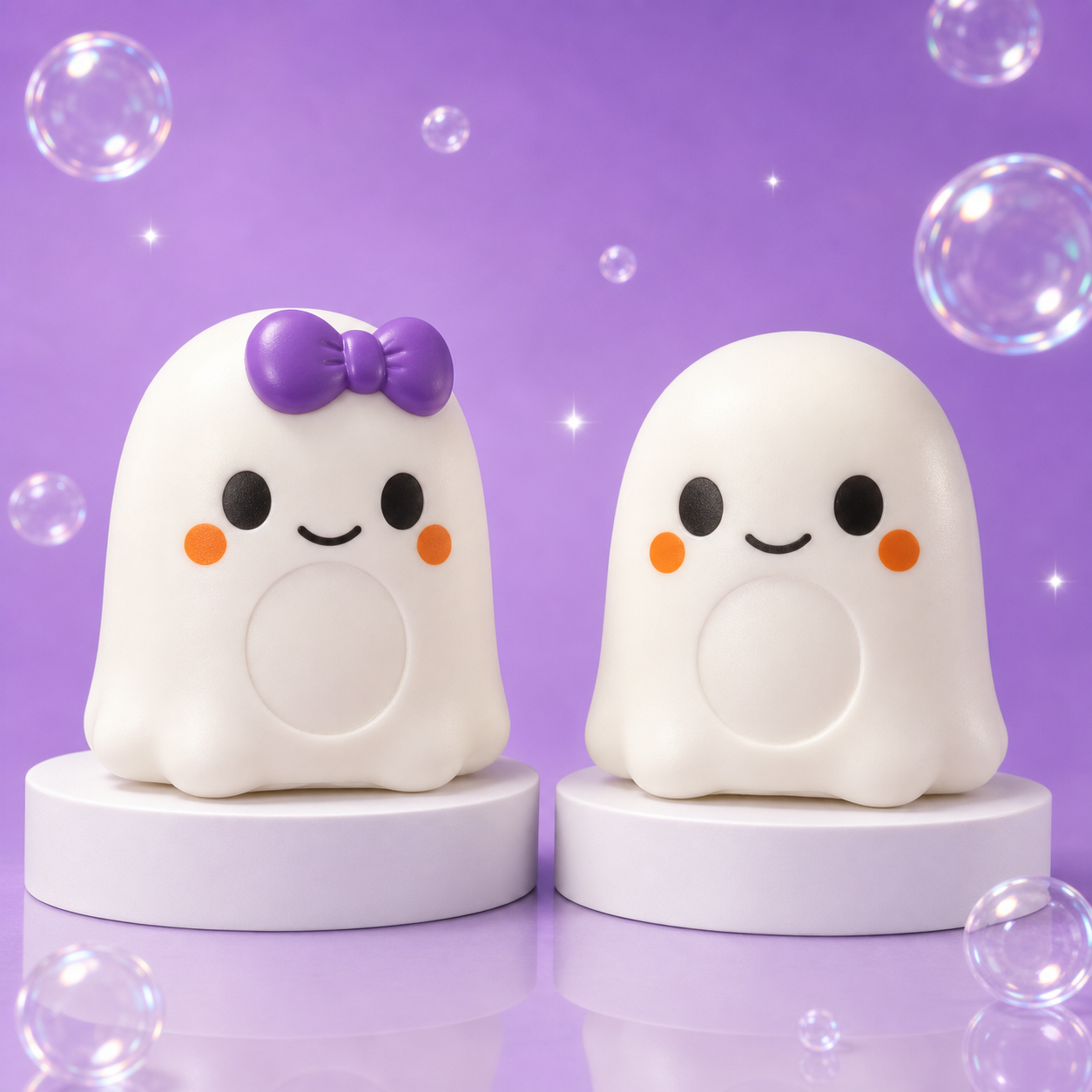 Crazy Fun Ghost Squishy Boy and Girl loose variants on a Squish Planet purple display.
