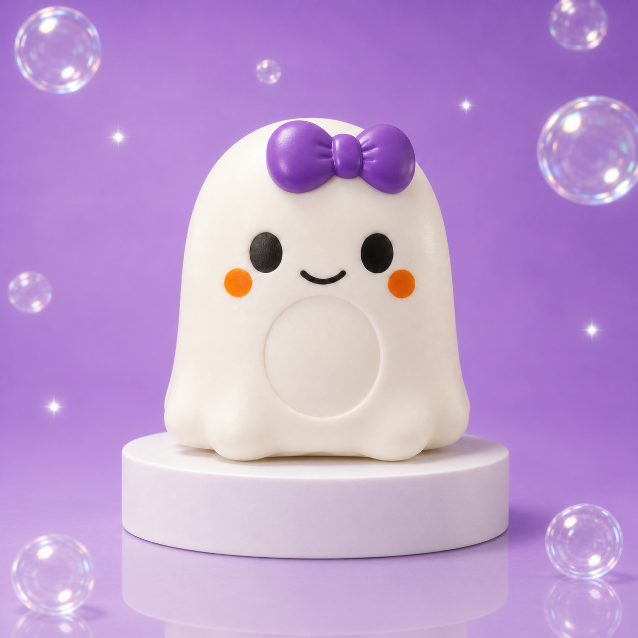 Crazy Fun Ghost Squishy Girl variant with purple bow centered on a purple Squish Planet display.