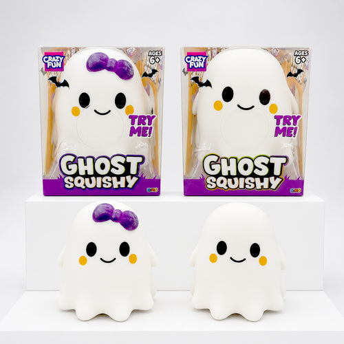 Crazy Fun Ghost Squishy Boy plain and Girl purple bow variants with matching retail packaging
