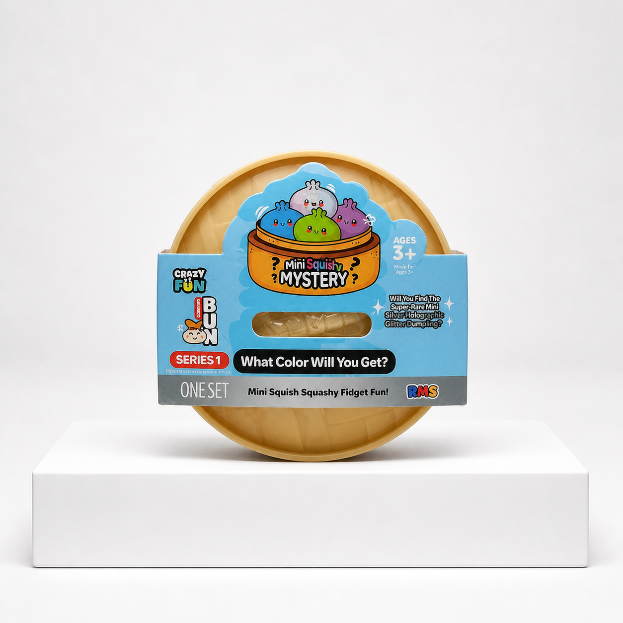 Crazy Fun Mini Mystery Dumpling blind box on the Squish Planet studio pedestal