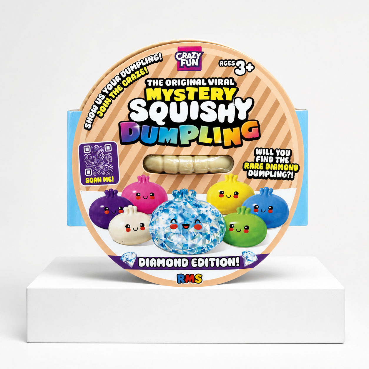 Crazy Fun Mystery Squishy Dumpling Diamond Edition blind box packaging on a white podium