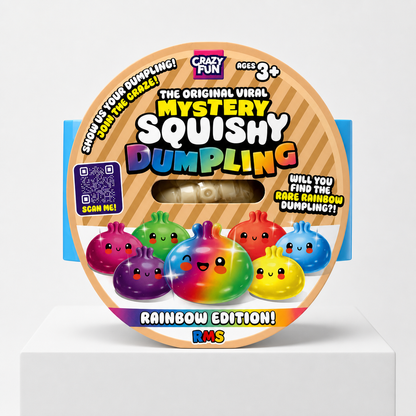 Crazy Fun Mystery Squishy Dumpling Rainbow Edition blind box packaging on a white podium