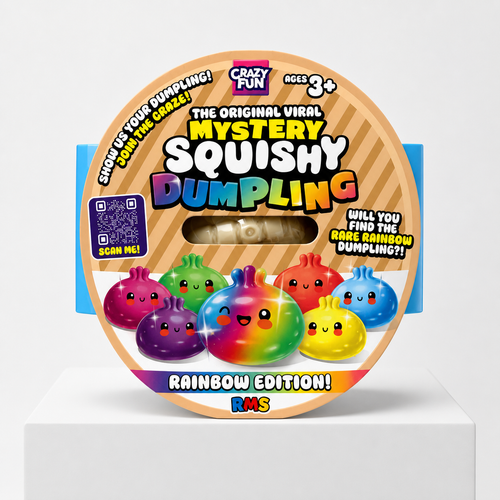 Crazy Fun Mystery Squishy Dumpling Rainbow Edition blind box packaging on a white podium